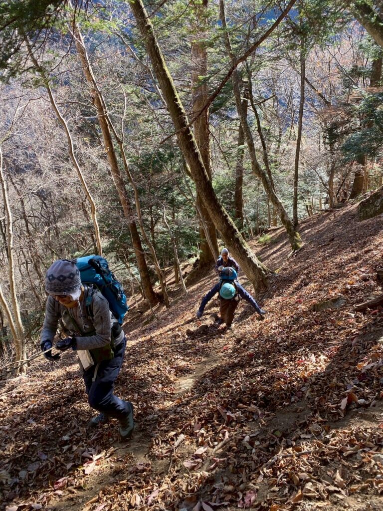 落ち葉積もる急登を登る　(撮影: moru) 